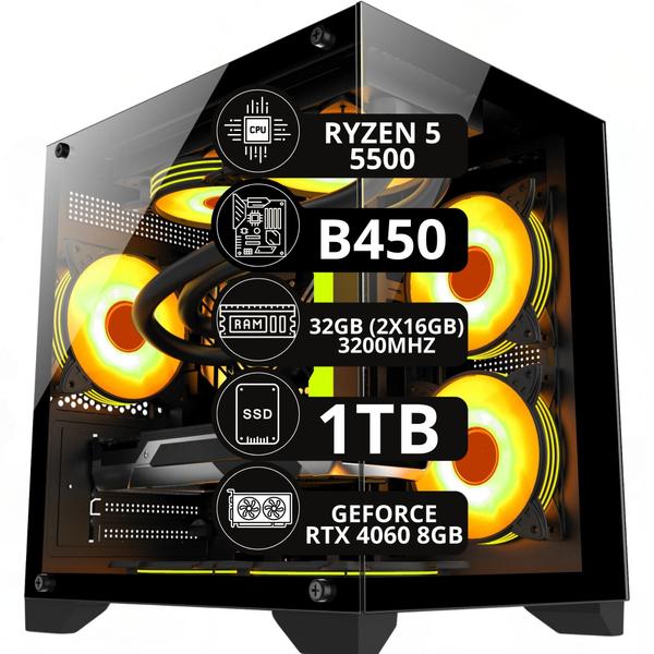 PC Computador Gamer Preto Ryzen 5 5500 32gb Ssd 1tb Rtx 4060 8gb - Option Soluções Imagem de PC Computador Gamer Preto Ryzen 5 5500 32gb Ssd 1tb Rtx 4060 8gb - Option Soluções