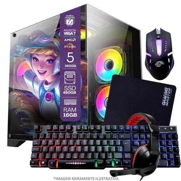 PC Gamer AMD Ryzen 5 4600G, 16GB RAM, Placa de video Radeon Vega 7, SSD 480GB, Fonte 550W + Kit Gamer Completo - TOB COMPUTERS