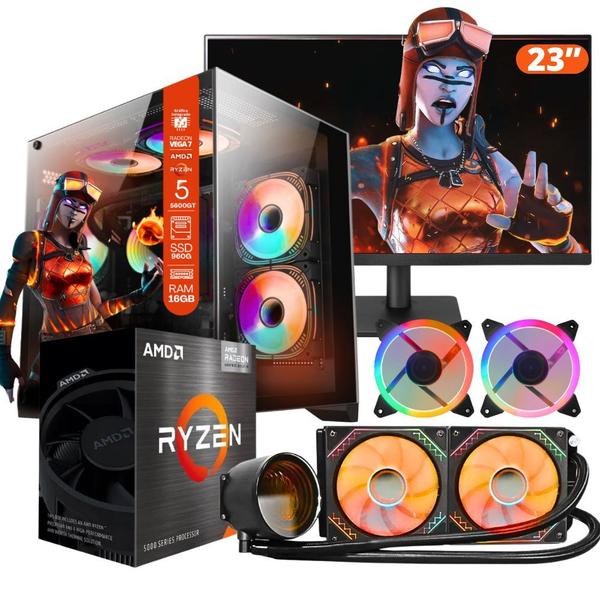 PC Gamer AMD Ryzen 5 5600GT, 16GB RAM, Placa de video Radeon Vega 7, SSD 960GB, Fonte 550W, Gabinete Aquário, Water Cooler + Monitor 23" LED 75hz - TOB COMPUTERS