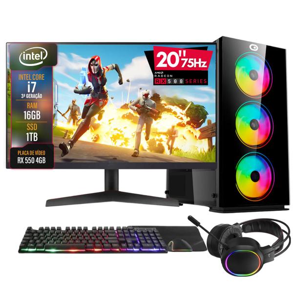 PC Gamer Completo 2Eletro Go, Intel Core i7, 16GB RAM, Radeon RX 4GB, SSD 1TB, 500W 80 Plus, Monitor 20" 75Hz, Kit Gamer com Headset - PG2E-LED1016GO
