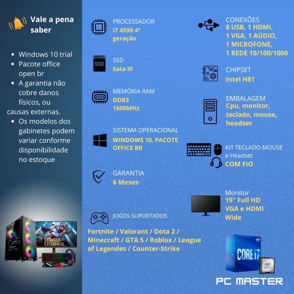 Imagem de PC Gamer Completo Core i7 4ª Geração 8gb 1tb ssd sata Monitor de 19"