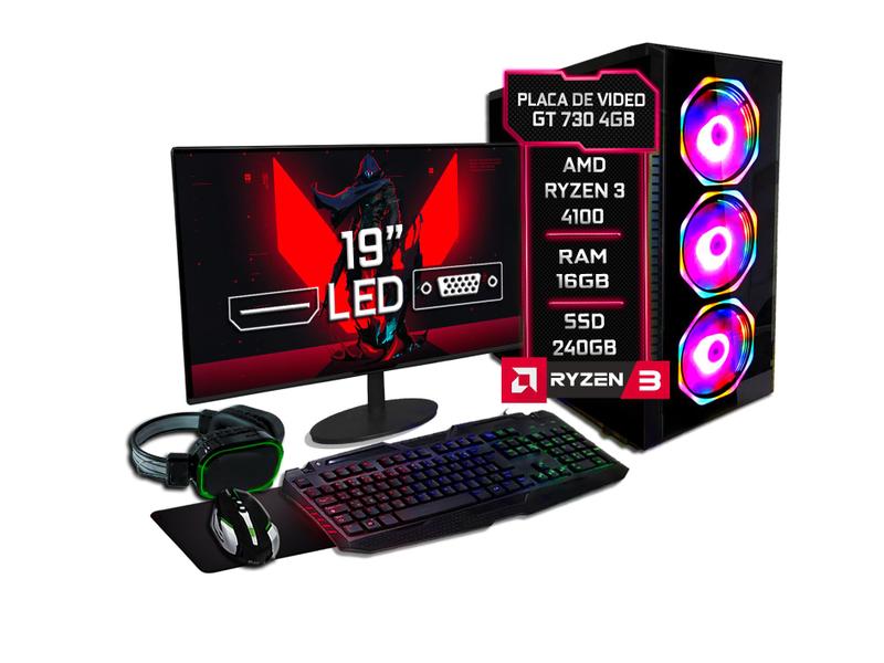 Imagem de PC Gamer Completo Fácil AMD Ryzen 3 4100 3.8GHZ 16GB DDR4 3000MHz GT 730 4GB SSD 240GB Fonte 500w Monitor 19'' Kit Gamer