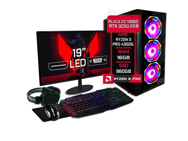 Imagem de PC Gamer Completo Fácil AMD Ryzen 3 PRO 4350G 3.8GHZ 16GB DDR4 RTX 3050 8GB SSD 960GB 500w Monitor 19'' Kit Gamer