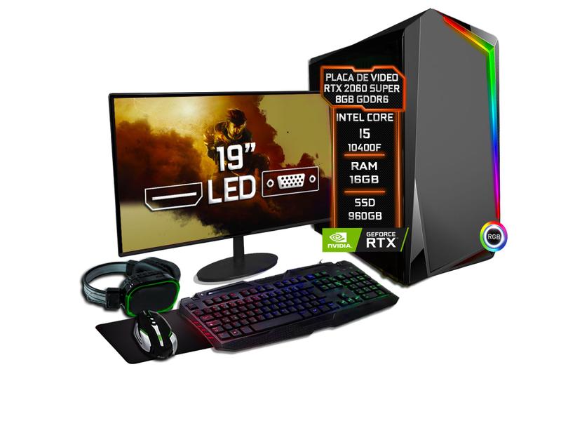 Imagem de PC Gamer Completo Fácil Intel Core i5 10400F (10ª Geração) 16GB DDR4 RTX 2060 Super 8GB SSD 960GB - Monitor 19" Kit Game