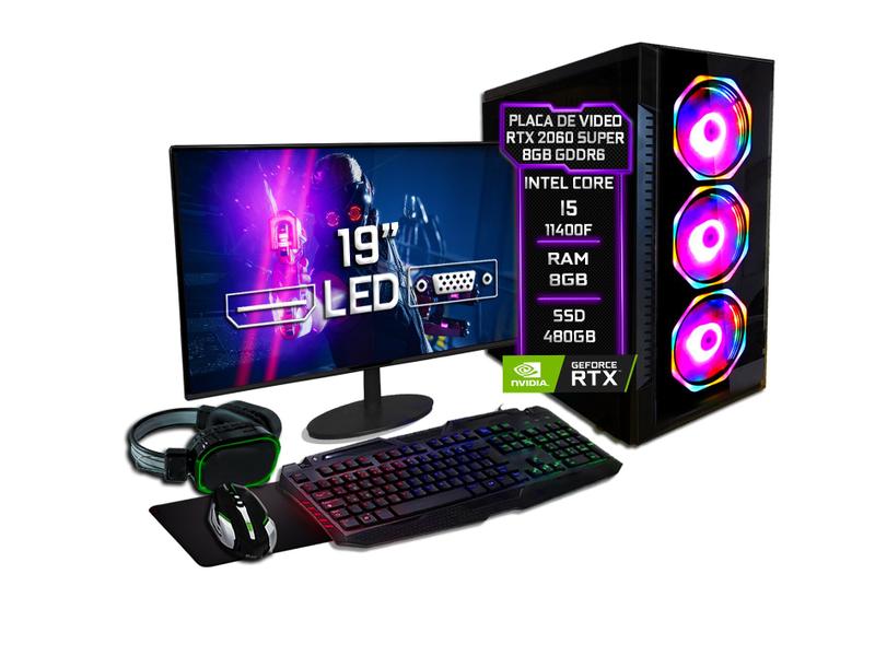 Imagem de PC Gamer Completo Fácil Intel Core i5 11400F (11ª Geração) 8GB DDR4 RTX 2060 Super 8GB SSD 480GB - Monitor 19" Kit Gamer