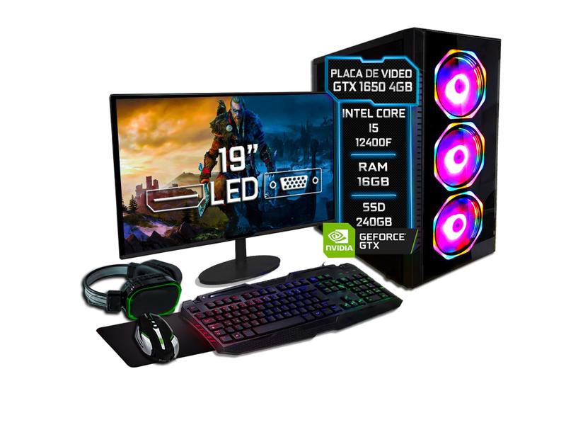 Imagem de PC Gamer Completo Fácil Intel Core i5 12400F (12ª Geração) 16GB DDR4 GTX 1650 4GB SSD 240GB 500w - Monitor 19" Kit Gamer