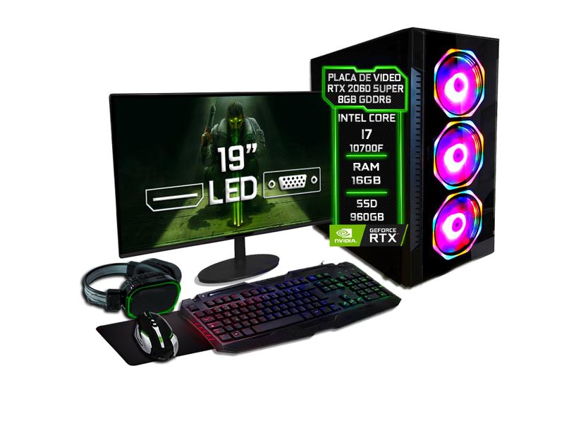 Imagem de PC Gamer Completo Fácil Intel Core i7 10700F (10ª Geração) 16GB DDR4 RTX 2060 Super 8GB SSD 960GB - Monitor 19" Kit Game