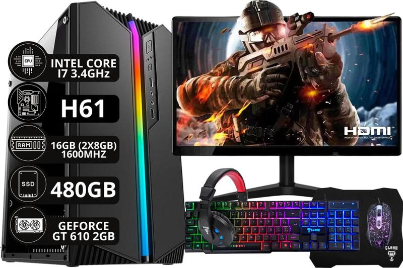 Imagem de PC Gamer Completo Intel Core I7 16 GB 480 GB GT 610 2 GB Monitor 20" e Kit Gamer - Option Soluções