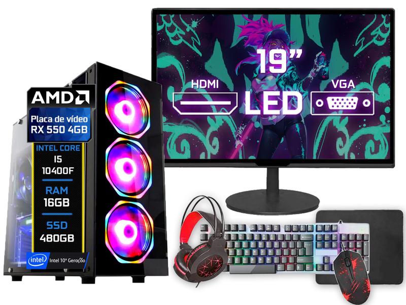 PC Gamer Completo Intel i5 10400f 10ª 16GB DDR4 AMD RX 550 4GB SSD 480GB Monitor 19" - Kit Gamer Teclado Mouse Headset - Fácil Computadores