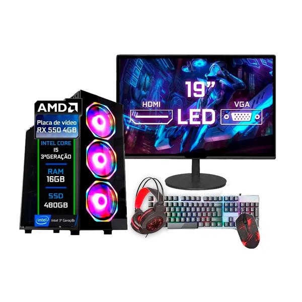 Pc Gamer Completo Intel I5 (3ª Geração) 16gb Amd Rx 550 4gb Ssd 480gb Monitor 19" - Kit Gamer Teclado Mouse - Fonte 500w - FACIL COMPUTADORES