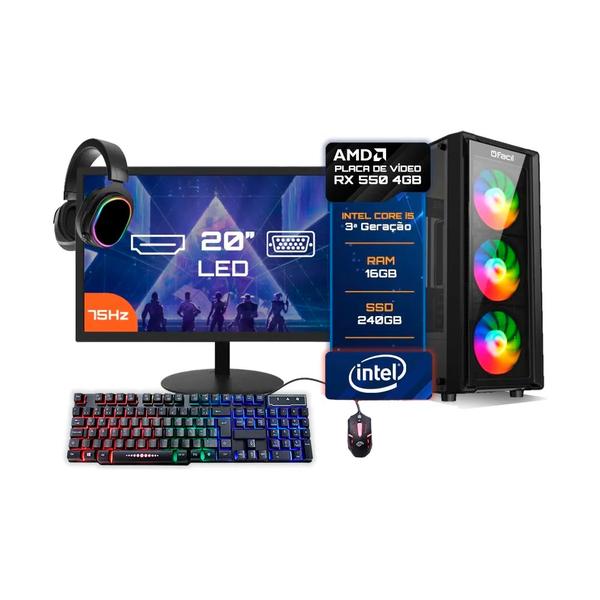 Pc Gamer Completo Intel I5 (3ª Geração) 16gb Amd Rx550 4gb Ssd 240gb Monitor 19" - Kit Gamer Teclado Mouse - Fonte 500w - FACIL COMPUTADORES