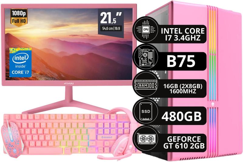 Imagem de Pc Gamer Completo Rosa I7 16GB SSD 480GB Placa GT610 + Monitor 21,5" Polegadas - Option Soluções