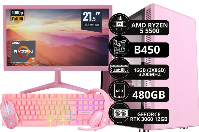 Imagem de PC Gamer Completo Rosa Ryzen 5 5500 16 GB 480 GB RTX 3060 12GB + Monitor Rosa + Kit Gamer Rosa - Option Soluções