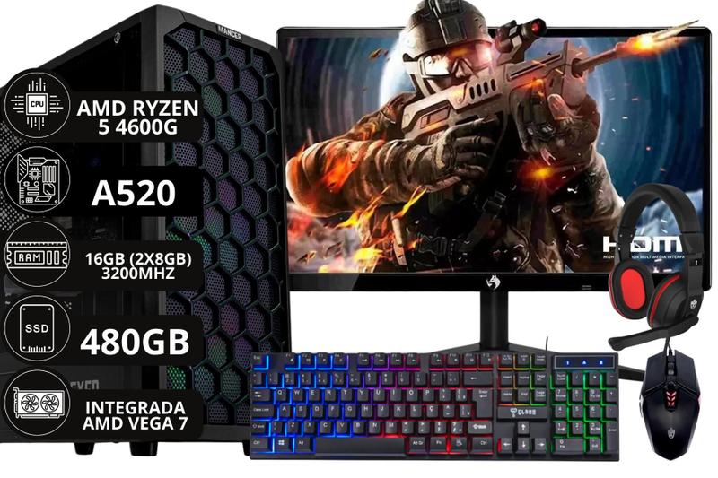 Imagem de PC Gamer Completo Ryzen 5 4600G 16 GB 480 GB Vega 7 Monitor 20" Kit Gamer