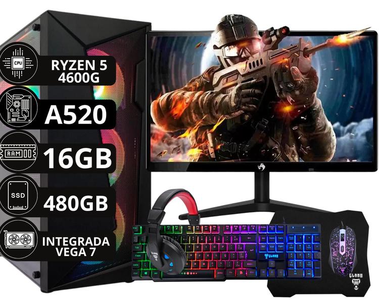 Imagem de PC Gamer Completo Ryzen 5 4600G 16 GB 480 GB Vega 7 Monitor 20" Kit Gamer