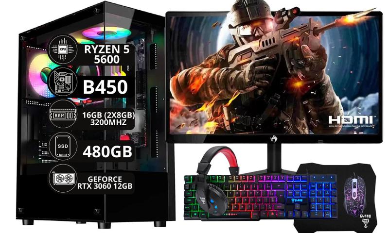 PC Gamer Completo Ryzen 5 5600 16 GB 480 GB RTX 3060 12GB - Option Soluções Imagem de PC Gamer Completo Ryzen 5 5600 16 GB 480 GB RTX 3060 12GB