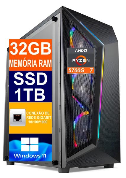 Imagem de Pc Gamer Computador Cpu Ryzen 7 5700G 3.8GHz / SSD 1TB M2 NVME / 32gb Memória Ram Ddr4 - Windows 11