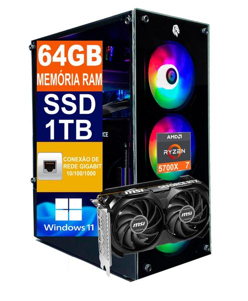 Imagem de Pc Gamer Computador Cpu Ryzen 7 5700X / SSD 1TB M2 NVME / 64gb Memória Ram DDR4 / Rtx 4060 8gb