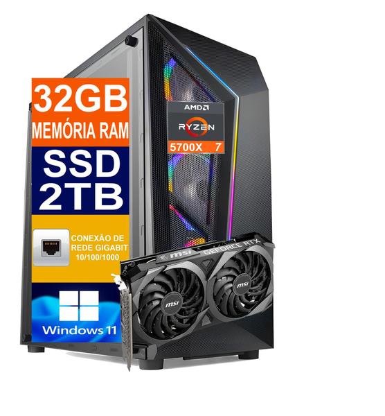 Imagem de Pc Gamer Computador Cpu Ryzen 7 5700X / SSD 2TB M2 NVME / 32gb Memória Ram DDR4 / Rtx 4060ti 8gb