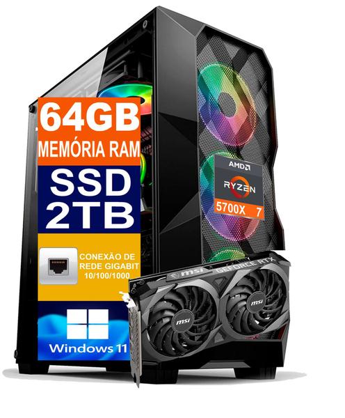 Imagem de Pc Gamer Computador Cpu Ryzen 7 5700X / SSD 2TB M2 NVME / 64gb Memória Ram DDR4 / Rtx 4060ti 8gb