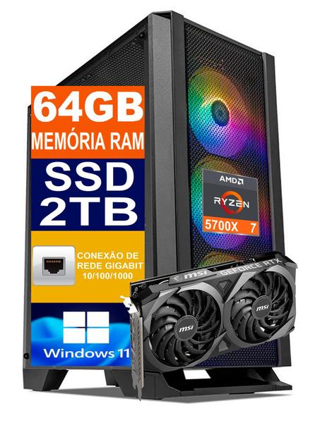 Imagem de Pc Gamer Computador Cpu Ryzen 7 5700X / SSD 2TB M2 NVME / 64gb Memória Ram DDR4 / Rtx 4060ti 8gb