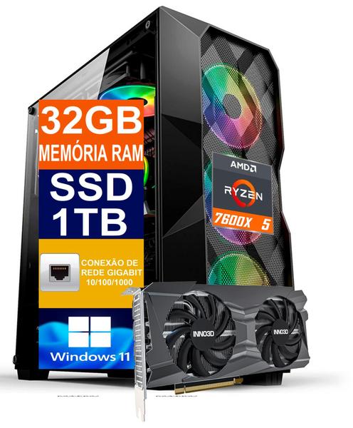 Imagem de Pc Gamer Cpu Ryzen 5 7600x, Ssd 1tb M.2 Nvme, 64gb Memória Ram Ddr5, RTX 3060ti 8GB, Windows 11 Pro