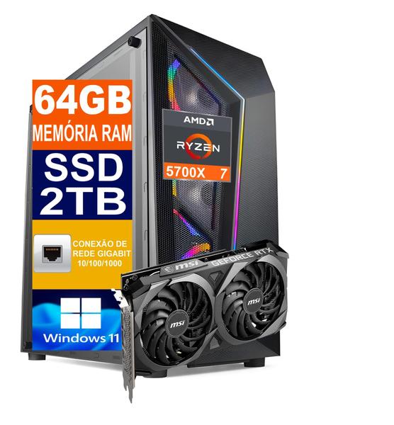 Imagem de Pc Gamer Cpu Ryzen 7 5700x, Ssd 2Tb M.2 Nvme, 64gb Memória Ram Ddr4, RTX 3060 12gb, Windows 11 Pro