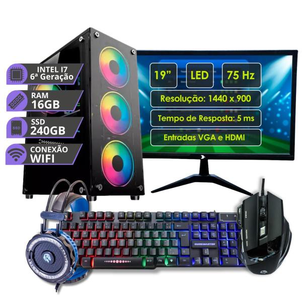 Imagem de PC Gamer MRP Informática Completo Processador Intel Core I7 6ª Geração Memória 16gb SSD 240gb Fonte 500W Windows 10 Monitor 19 LED