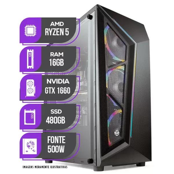 Imagem de PC Gamer Ryzen 5 5500, GTX 1660 SUPER 6GB, 16GB DDR4, SSD 480GB, Fonte 500W 80 Plus