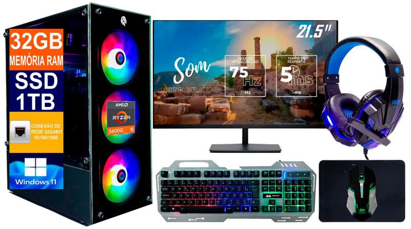 Imagem de Pc Gamer Ryzen 5 5600g, Ssd 1tb, 32gb, B550m + Monitor 21.5p