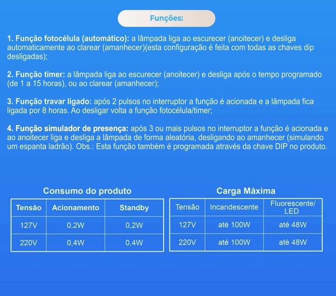 Imagem de Pct 03 Sensor Soquete E27 Relé Fotocélula Noite Timer QR52M