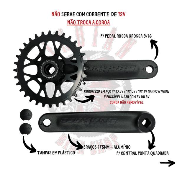 Imagem de Pedivela single sunrace m40u 175mm ponta quadrada coroa 32d arrebitada 1x9v 1x10v 1x11v mtb