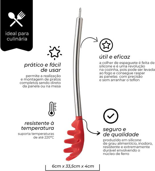 Imagem de Pegador Culinário de Silicone Vermelho com Cabo de Aço Inox Multiuso Para Massas, Macarrão, Salada 33x6cm Utensílio de Cozinha