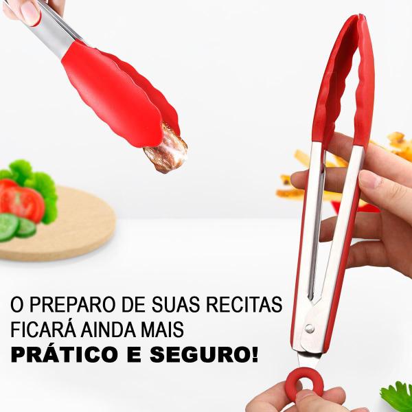 Imagem de Pegador de Silicone Pinça Churrasco Salada Cozinha Vermelho 22cm