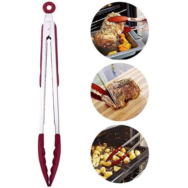 Imagem de Pegador Silicone em Aço Inox 27 CM Carne Churrasco Salada Cozinha Pinça Vermelho