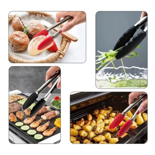 Imagem de Pegador Universal Silicone Corpo em Aço Inox 25 CM Carne Churrasco Salada Cozinha Pinça Preto