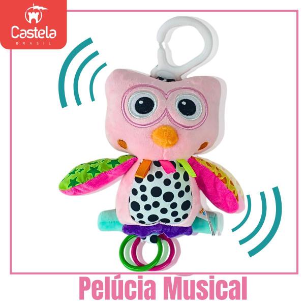 Imagem de Pelúcia Infantil Coruja Musical Brinquedo Mordedor Chocalho Com Alça Castela