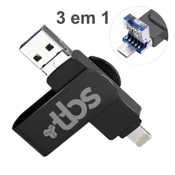 Imagem de Pen Drive Tbs 3 Em 1 Entradas Usb Usb-C Lightning 64Gb Preto