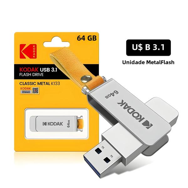 Imagem de Pen Drive USB Kodak de Alta Velocidade - 64GB, 128GB e 256GB - Metal, USB 3.1