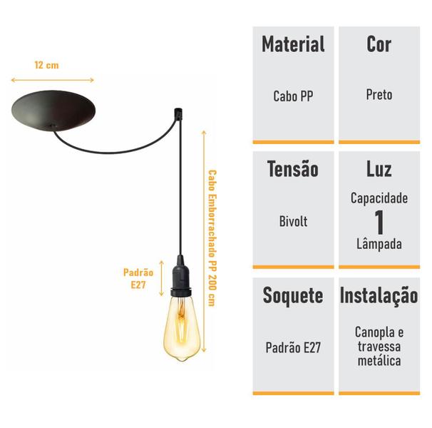 Imagem de Pendente 2m cabo preto + soquete + canopla 