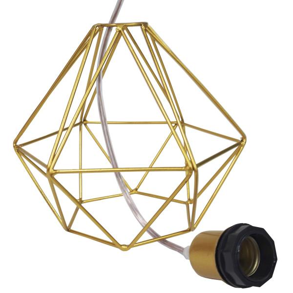 Imagem de Pendente Aramado Diamante Luminária Lustre Cabo Cristal 1,5 Mt Dourado P Teto Retrô Balcão Agp