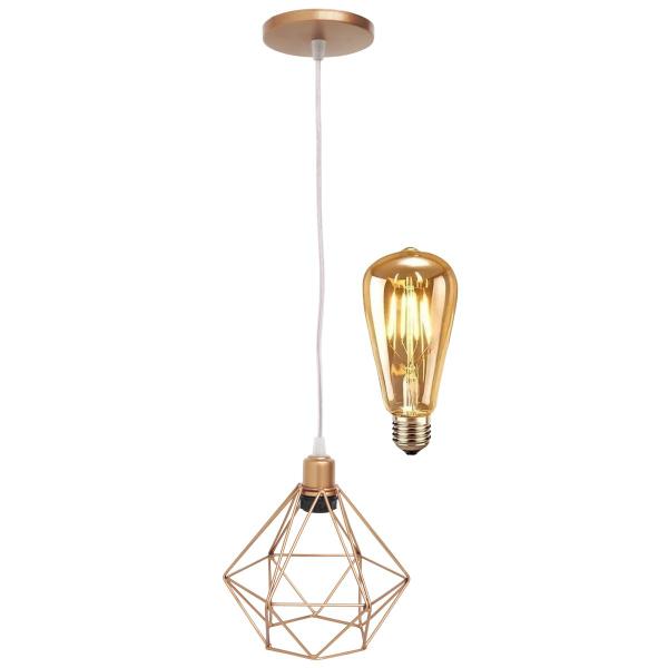 Imagem de Pendente Aramado Diamante Lustre Cabo Cristal P Cobre Rose Gold + Lãmpada Led ST64 Vintage Retrô