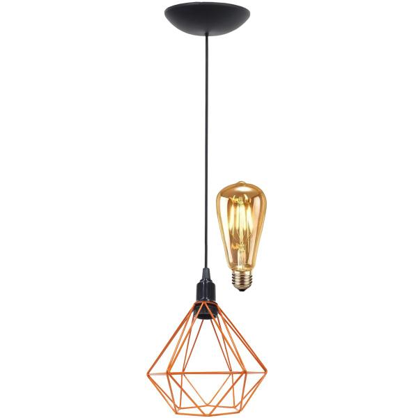 Imagem de Pendente Aramado Diamante Teto Luminária Retrô Balcão Agp Laranja + Lâmpada Led ST64 Vintage