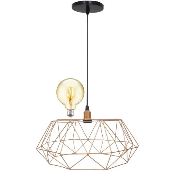 Imagem de Pendente Aramado Estádio Grande Cabo 2M Luxo Luminária Lustre Teto Vintage Cobre Rose Gold Lâmpada