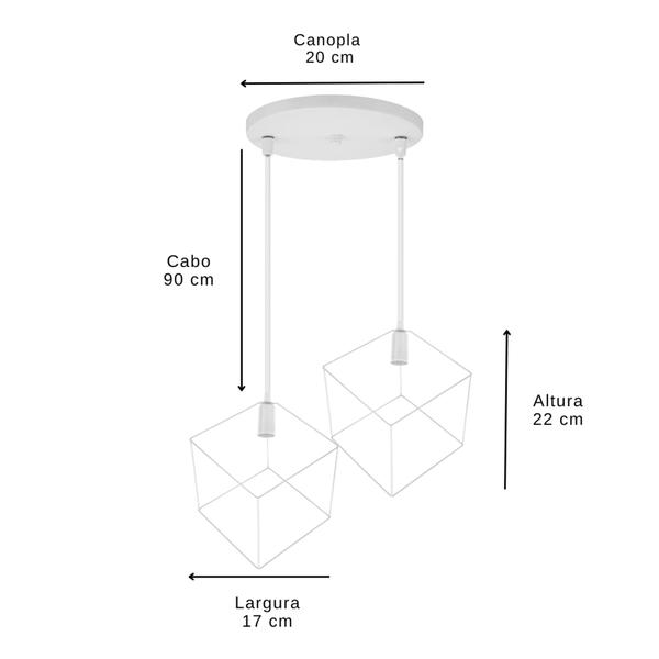 Imagem de Pendente Aramado Médio Cubo Teto Para 2 Lâmpadas Lustre Branco Preto Soquete E27