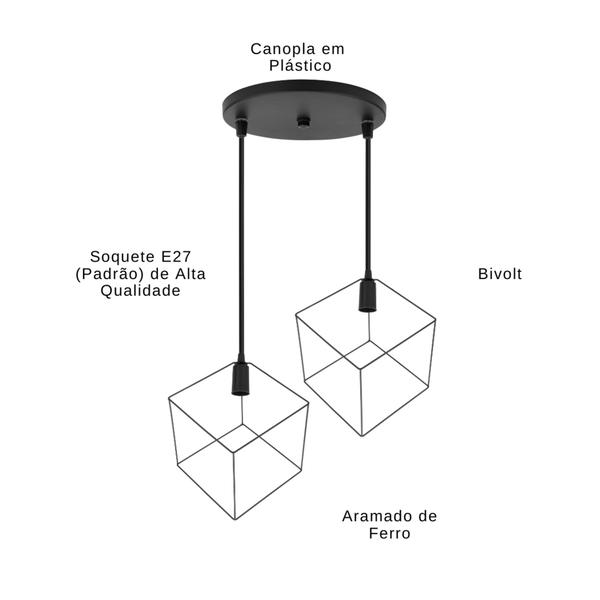 Imagem de Pendente Aramado Médio Cubo Teto Para 2 Lâmpadas Lustre Branco Preto Soquete E27