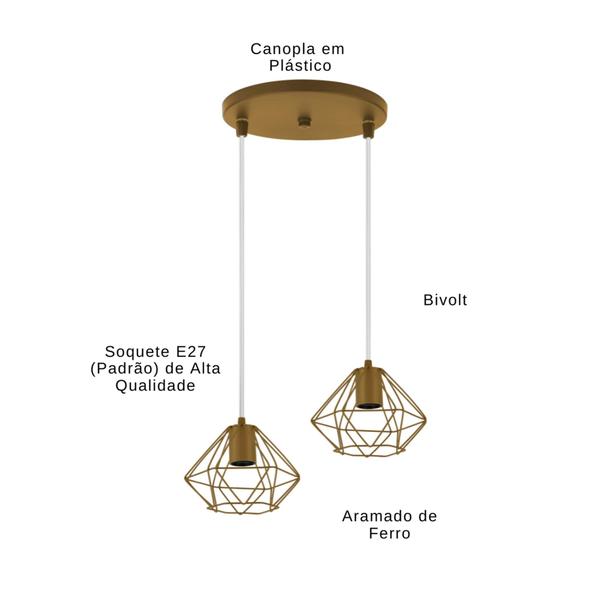 Imagem de Pendente Aramado Pequeno Diamante Para Teto Para 2 Lâmpadas Lustre Branco Preto E27