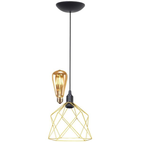 Imagem de Pendente Aramado Teto Cálice Luminária Lustre Retrô Balcão + Lâmpada Led ST64 Vintage Dourado