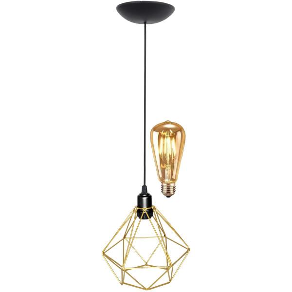 Imagem de Pendente Aramado Teto Diamante Luminária Lustre Retrô Balcão + Lâmpada Led ST64 Vintage Dourado