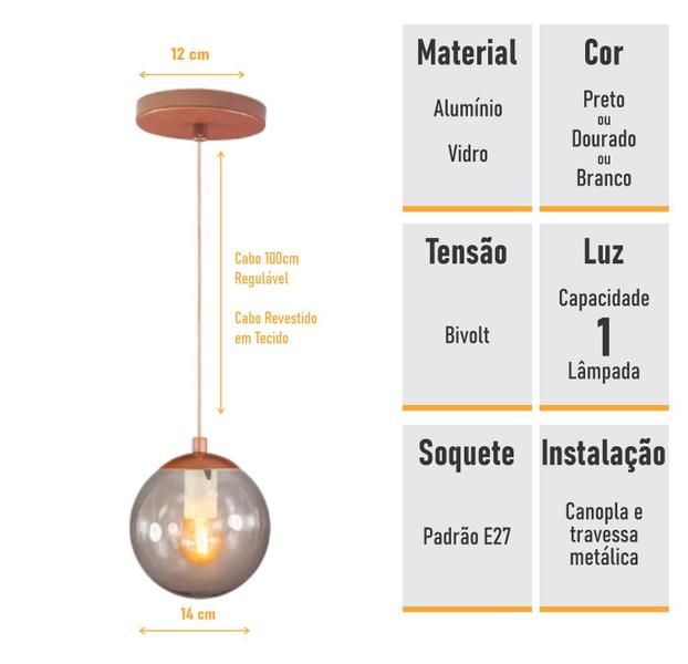 Imagem de Pendente BRONZE C/ Globo de Vidro FUME de 14cm + LED 2W